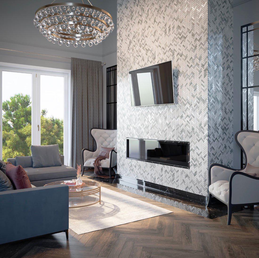 View of Living Room Mosaic Tile Walls Aureate 11.71 In. X 11.71 In. Natural