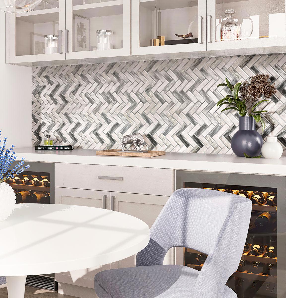 Recycled Glass Herringbone Mosaic In Grey Wood Color pantry backsplash