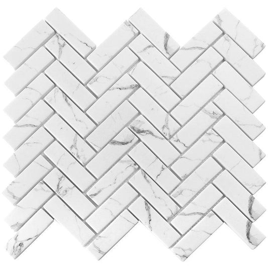 Recycled Glass Herringbone Mosaic in White Marble Color Sample