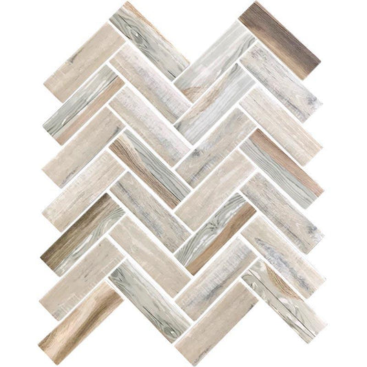 11" x 12.6" Recycled Glass Herringbone Mosaic In Wood Color Sample