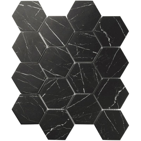 Recycled Glass Hexagon Mosaic in Black Marble Color Sample