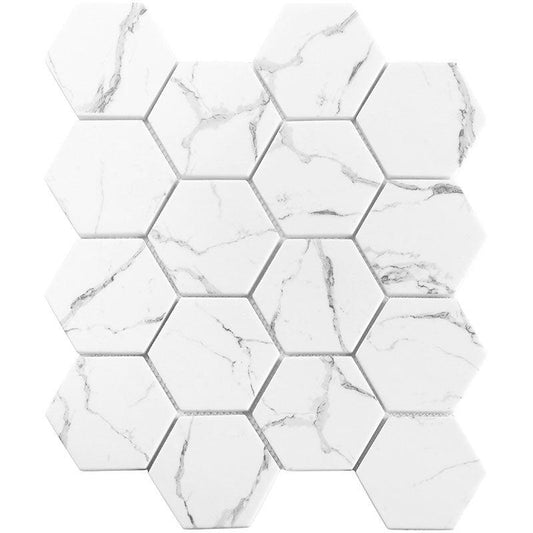 Recycled Glass Hexagon Mosaic in White Marble Color Sample