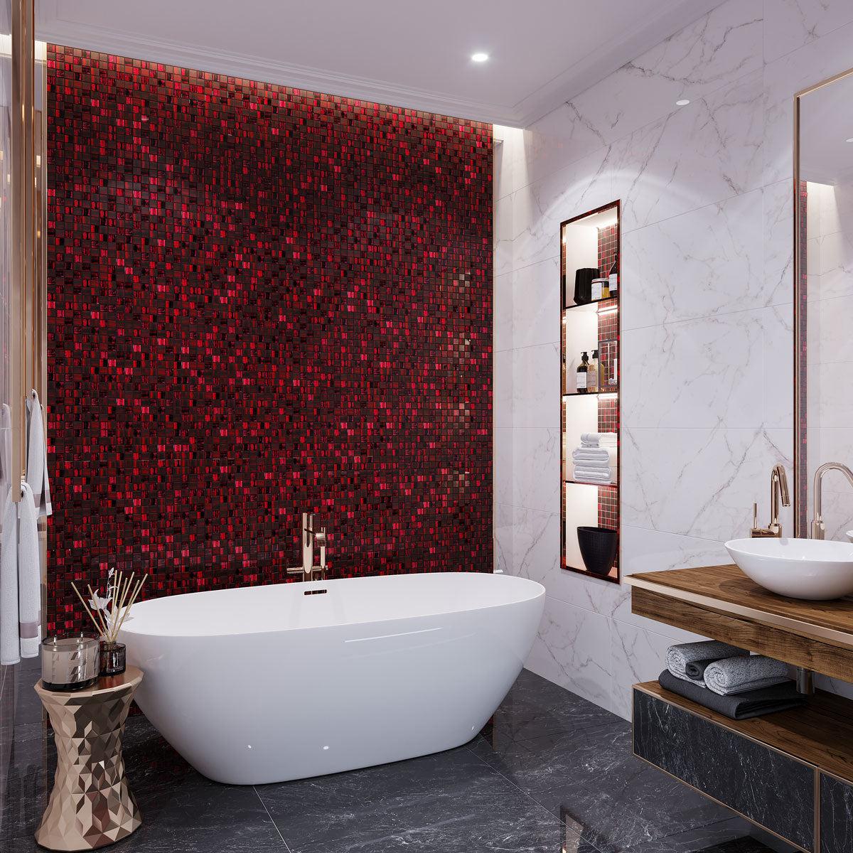 Luxury Bathroom Design with Red Foil Glossy And Frosted Square Tile