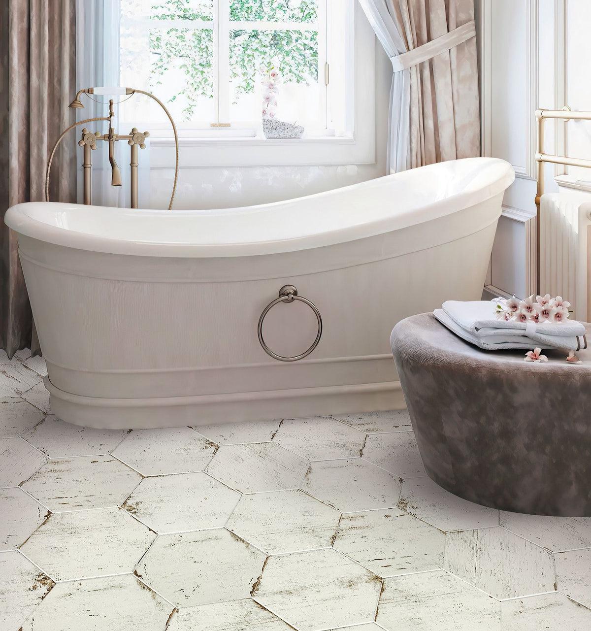 Light Bathroom with Retro Blanco Hex Whitewashed Porcelain Tile Floor