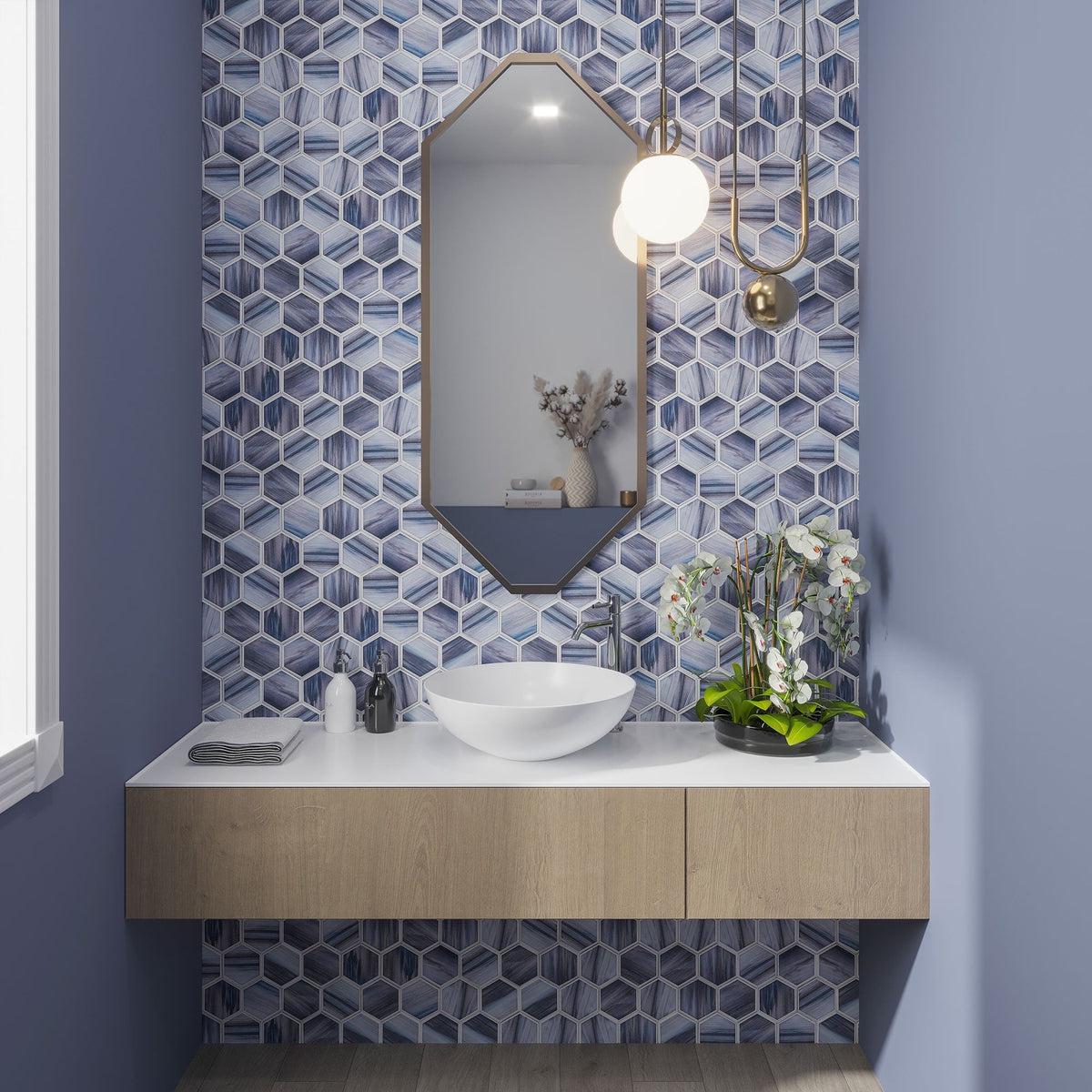 Modern bathroom design with blue hexagon glass tile backsplash