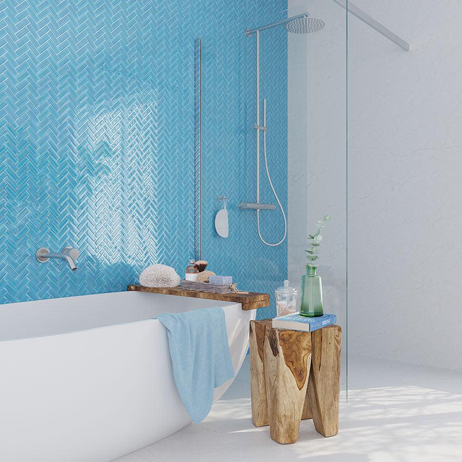 Sea Blue Herringbone Glass Tile Bathroom Wall Bathtub Surround
