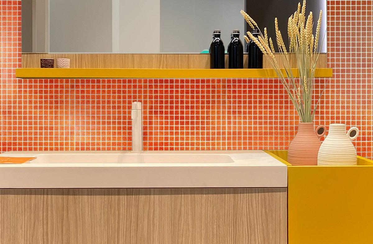 Speckled Orange Squares Glass Pool Tile Bathroom Backsplash