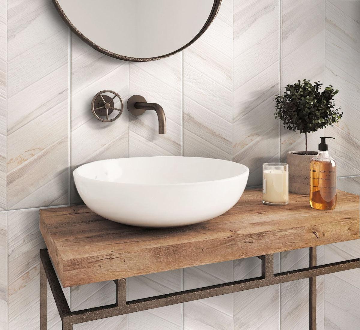 Spiga Olson Blanco Wood-Look Chevron Porcelain Tile Bathroom Backsplash