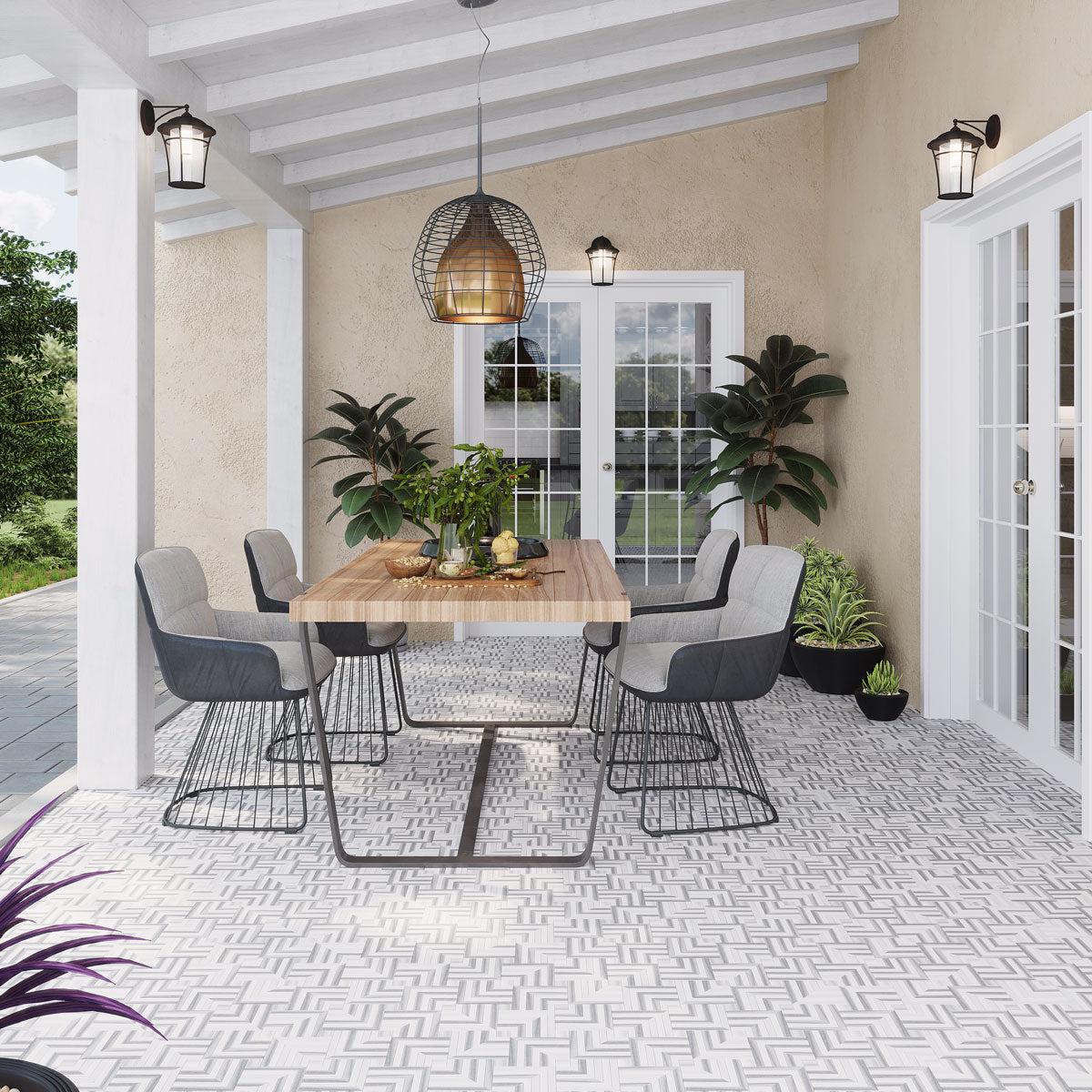 Outdoor Living Area with Square Weave Equator & Thassos Polished Mosaic Floor Tile for a Patterned Patio