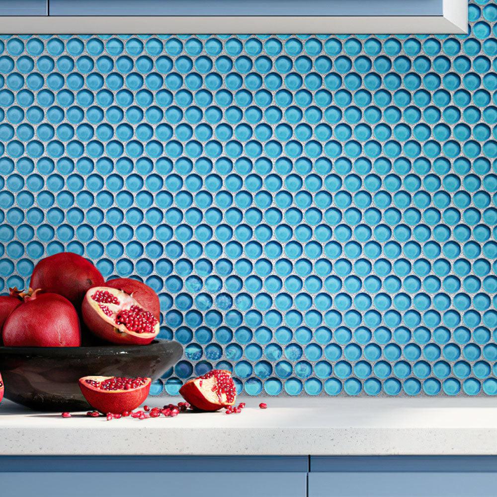 Sea Blue Penny Round Glass Tile