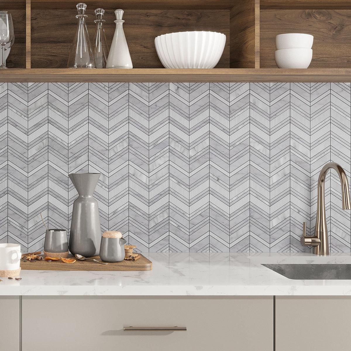 Textured herringbone marble kitchen backsplash tile