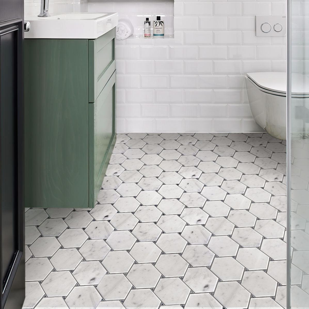 Victoria White Carrara Hexagon Marble Tile bathroom floor