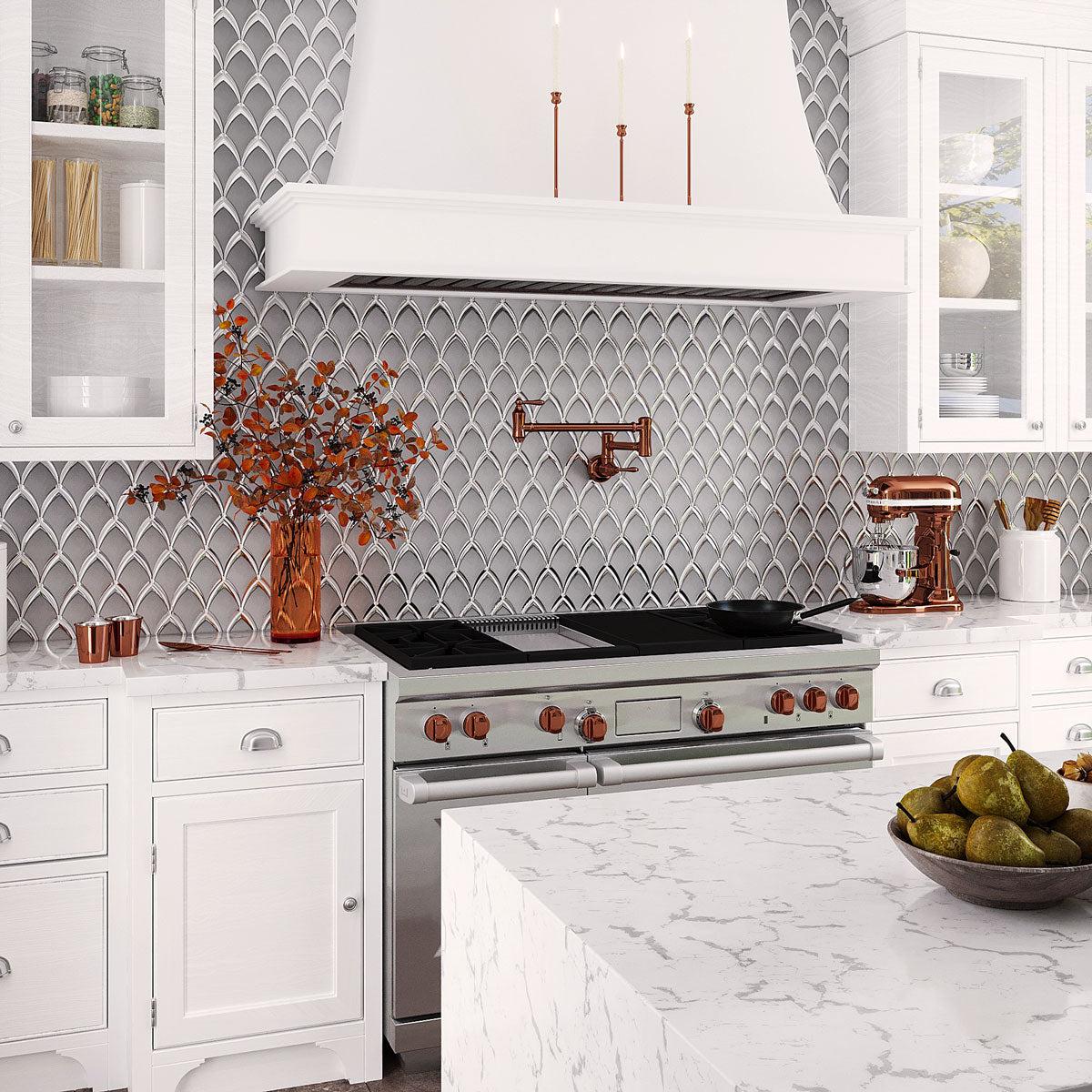 White and Copper kitchen with Frosted White Fan Glass Tiles with Chrome Accents