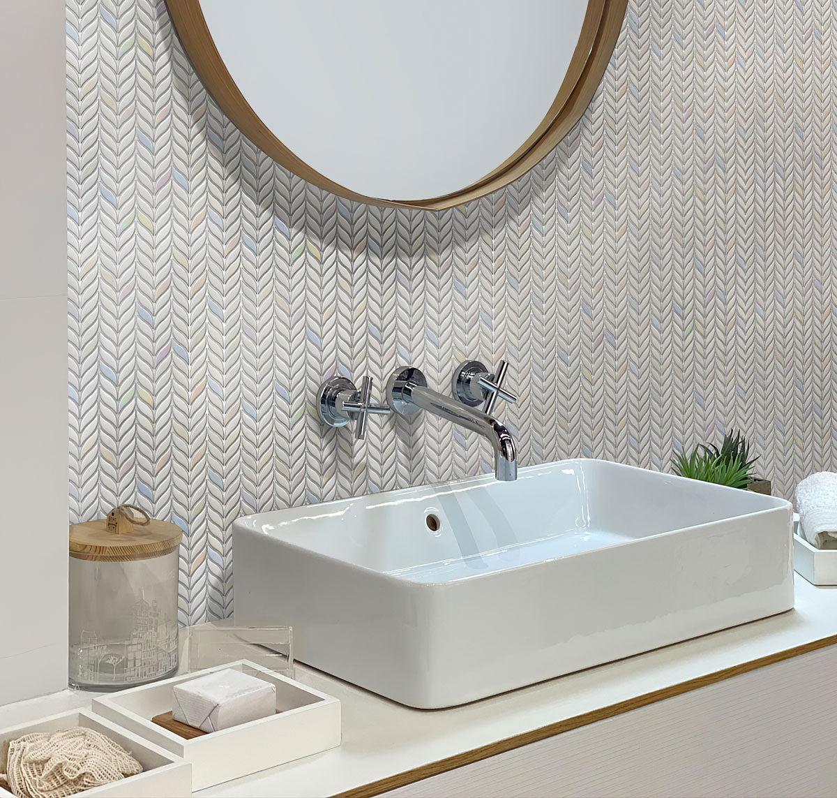 Bathroom with White Leaf Recycled Glass Mosaic Tile Backsplash