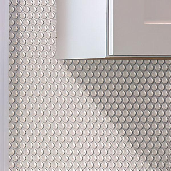 White Pearl Penny Recycled Glass Mosaic Tile Wall Close-up