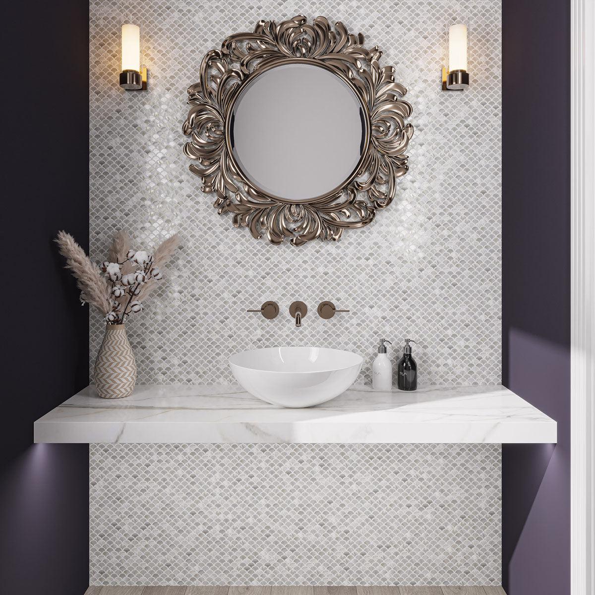 Luxurious Bathroom with Mother of Pearl Scale Tile for a mermaid design with iridescent shells
