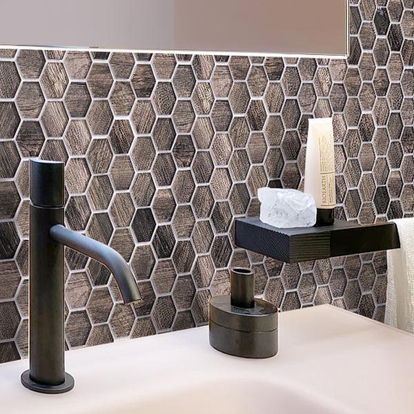 Shiny Wooden Glass Hexagon Mosaic Tile Bathroom Wall with Sink