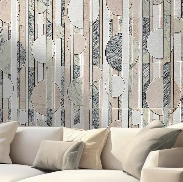 Pop art-inspired textured 3D marble mosaic with rose, white, and gray hues.