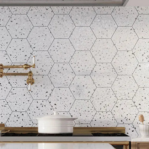 White Terrazzo Hexagon Tiles for a Modern Kitchen Backsplash