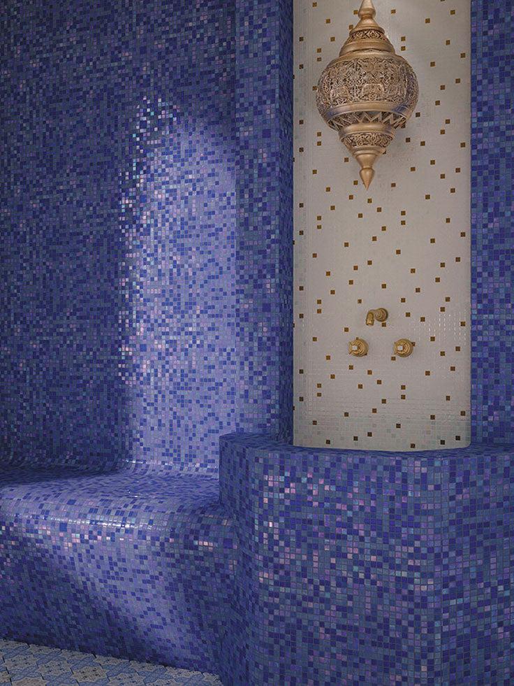 Moroccan Style Bathroom with Underwater Oasis Mixed Squares Glass Tile