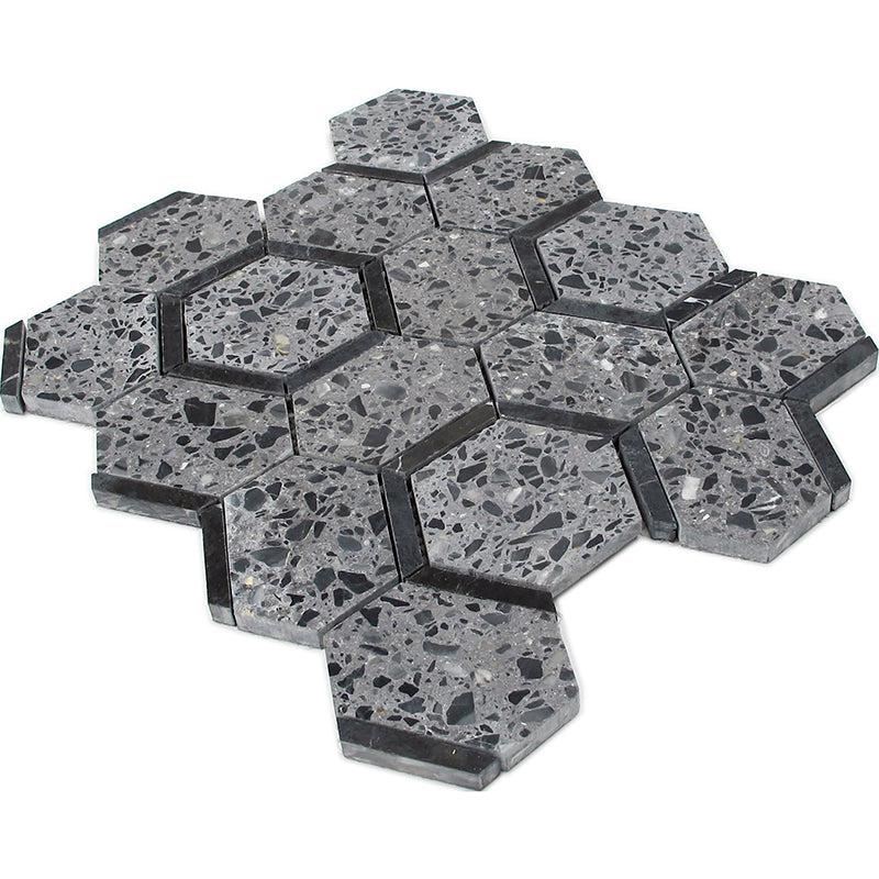 Black and Gray Terrazzo Hexagon Mosaic Tile