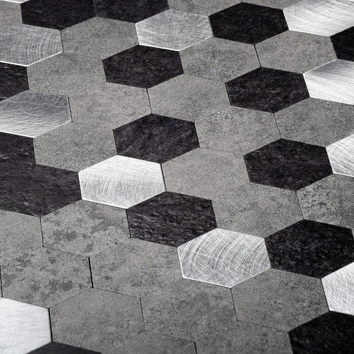 1.25" Silver, Grey and Black Hexagon Peel and Stick Tile