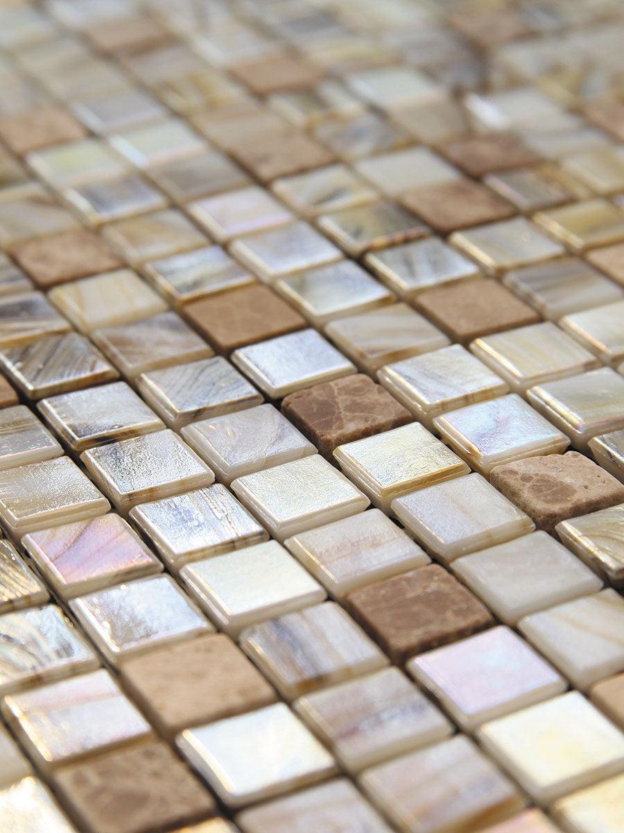 Neutral Glass Mosaic Tile with Shades of Brown, Beige, Cream and Iridescent White