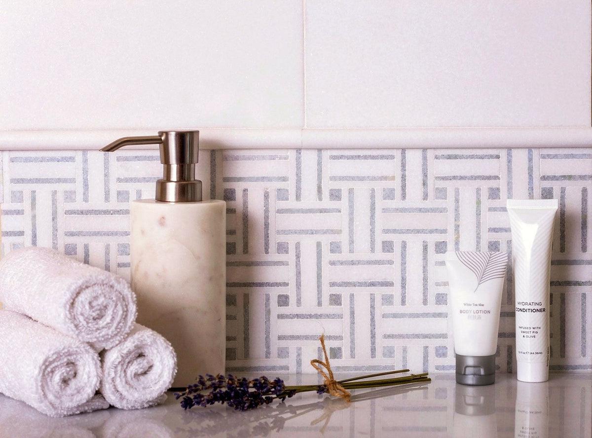 Blue and white marble basketweave tile for a classic bathroom