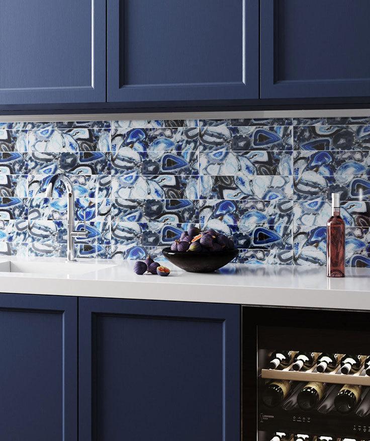 3" x 12" Blue Gemstone Agate Glass Tile | Tile Club