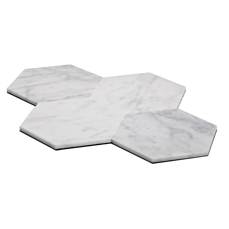 Adhesive Backed 5 Inch Carrara Marble Hexagon Tiles to Peel and Stick