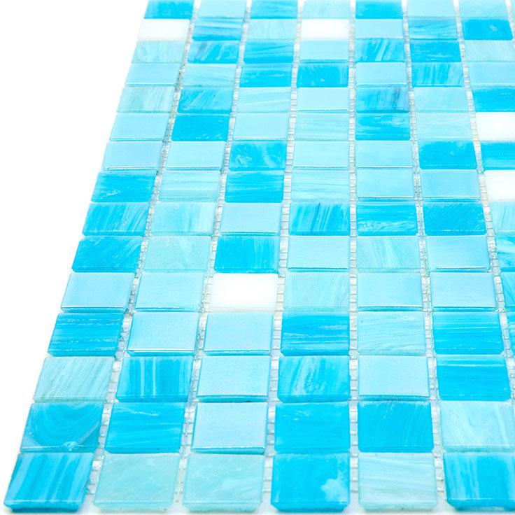 White and Ocean Blue Gradient Mixed Squares Glass Pool Tile | Tile Club