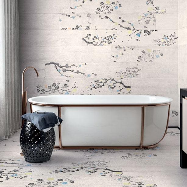 Japanese Cherry Blossom Patterned Porcelain Tile in White Wood Look
