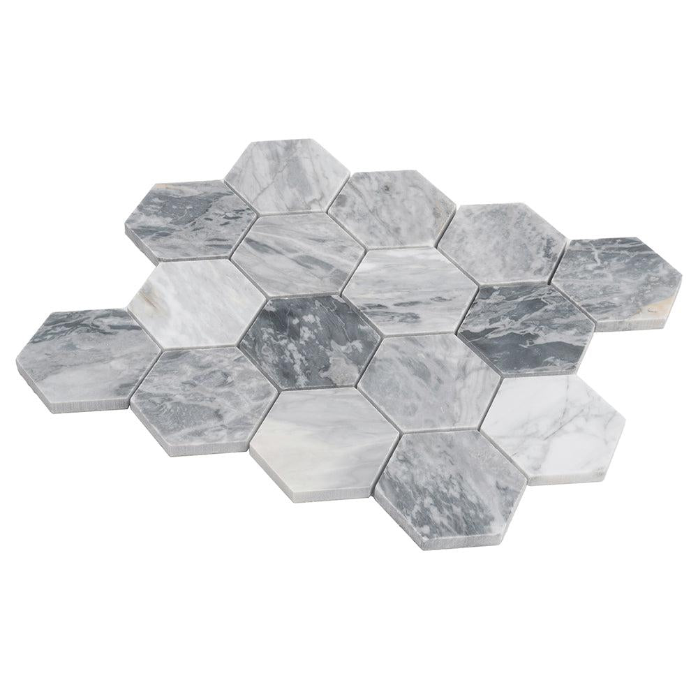 3" Calacatta Bluette Hexagon Honed Marble Mosaic Tile | Tile Club
