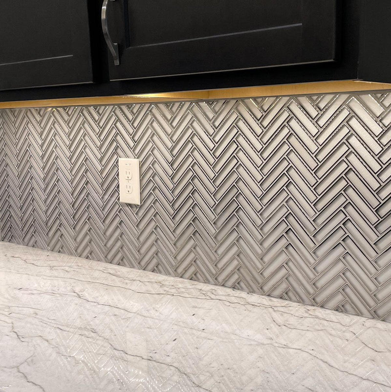 White Deco Herringbone Glass Mosaic Tile Backsplash in a Customer's Kitchen