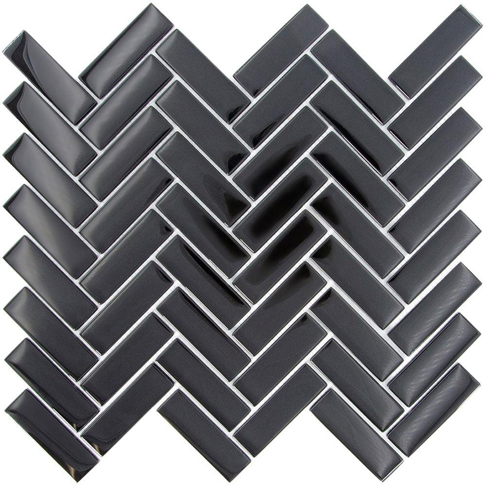 Obsidian Black Herringbone Glass Tile