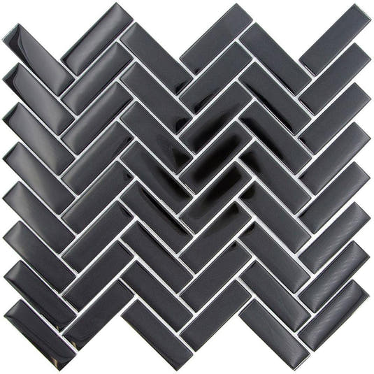 Obsidian Black Herringbone Glass Tile
