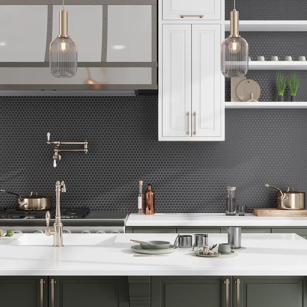 1'' Black Matte Hexagon Porcelain Mosaic | Tile Club