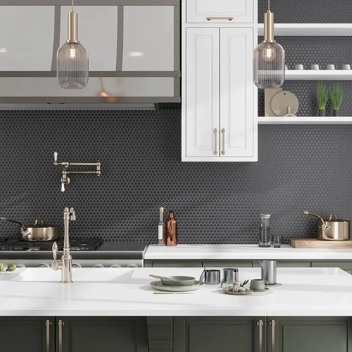 1'' Black Matte Hexagon Porcelain Mosaic | Tile Club