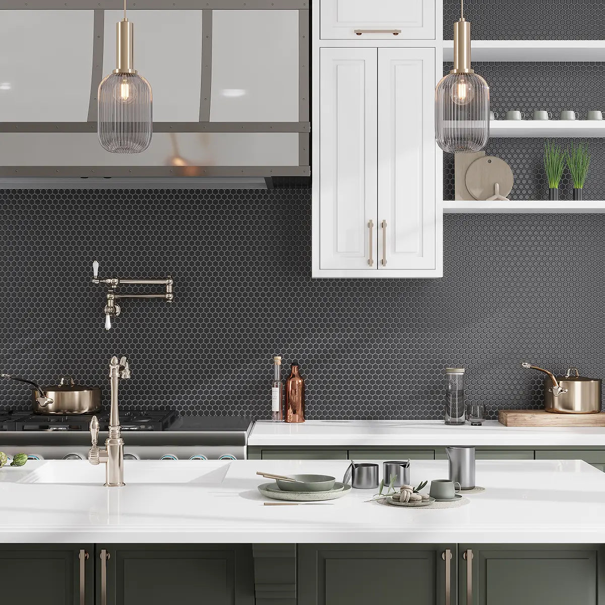 1'' Black Matte Hexagon Porcelain Mosaic | Tile Club