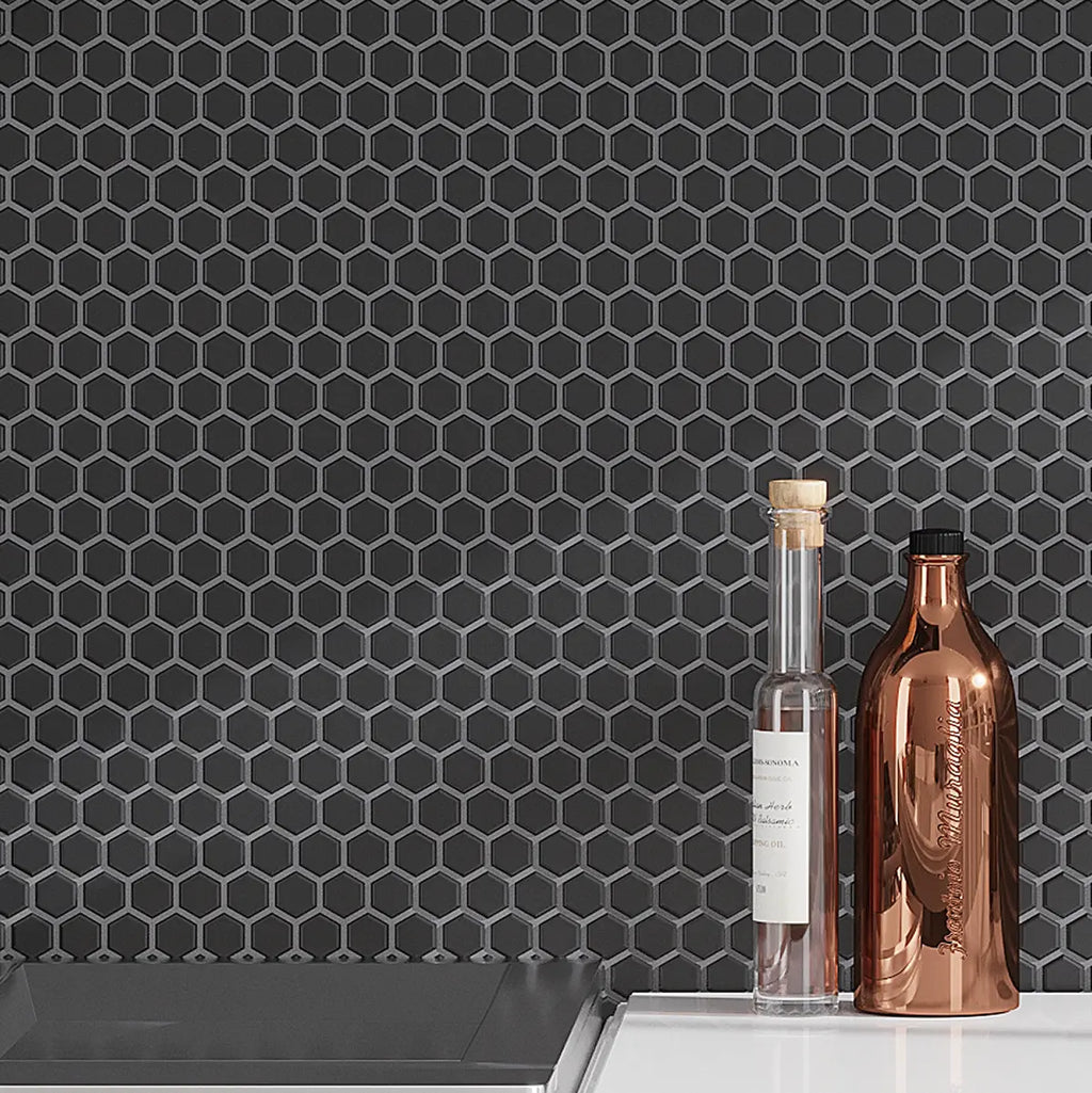 1'' Black Matte Hexagon Porcelain Mosaic Backsplash Tile