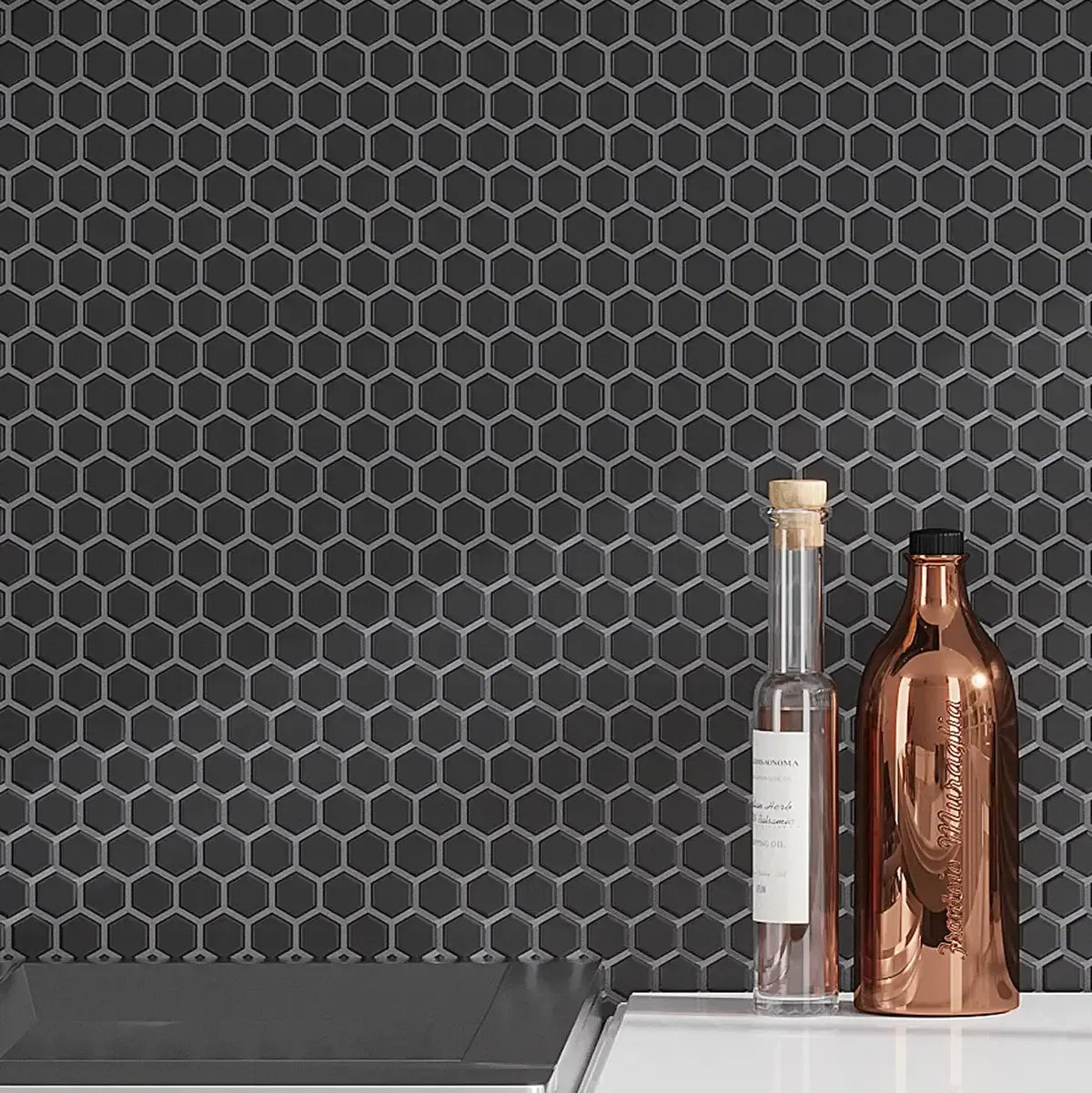 1'' Black Matte Hexagon Porcelain Mosaic Backsplash Tile