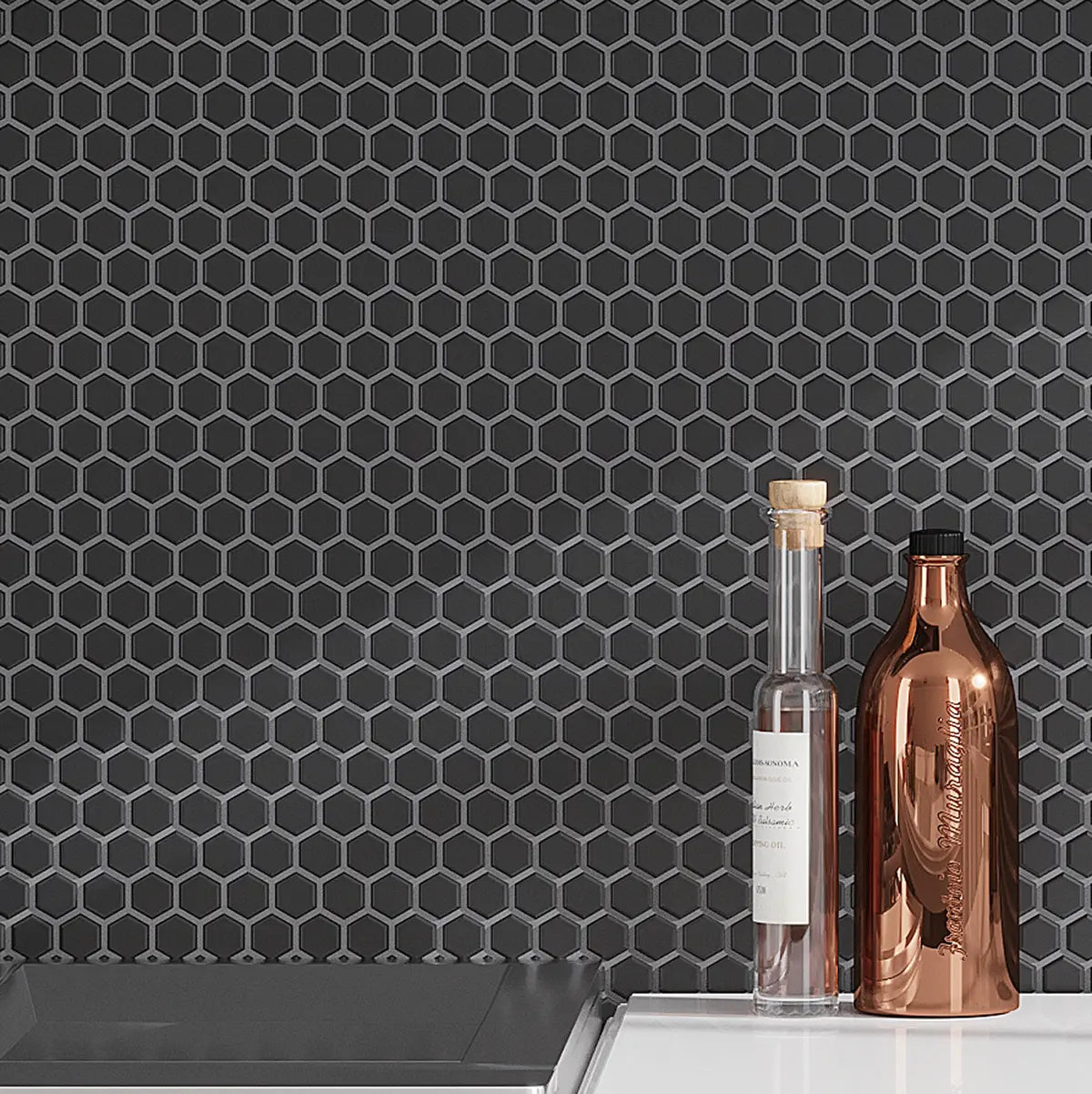 1'' Black Matte Hexagon Porcelain Mosaic Backsplash Tile