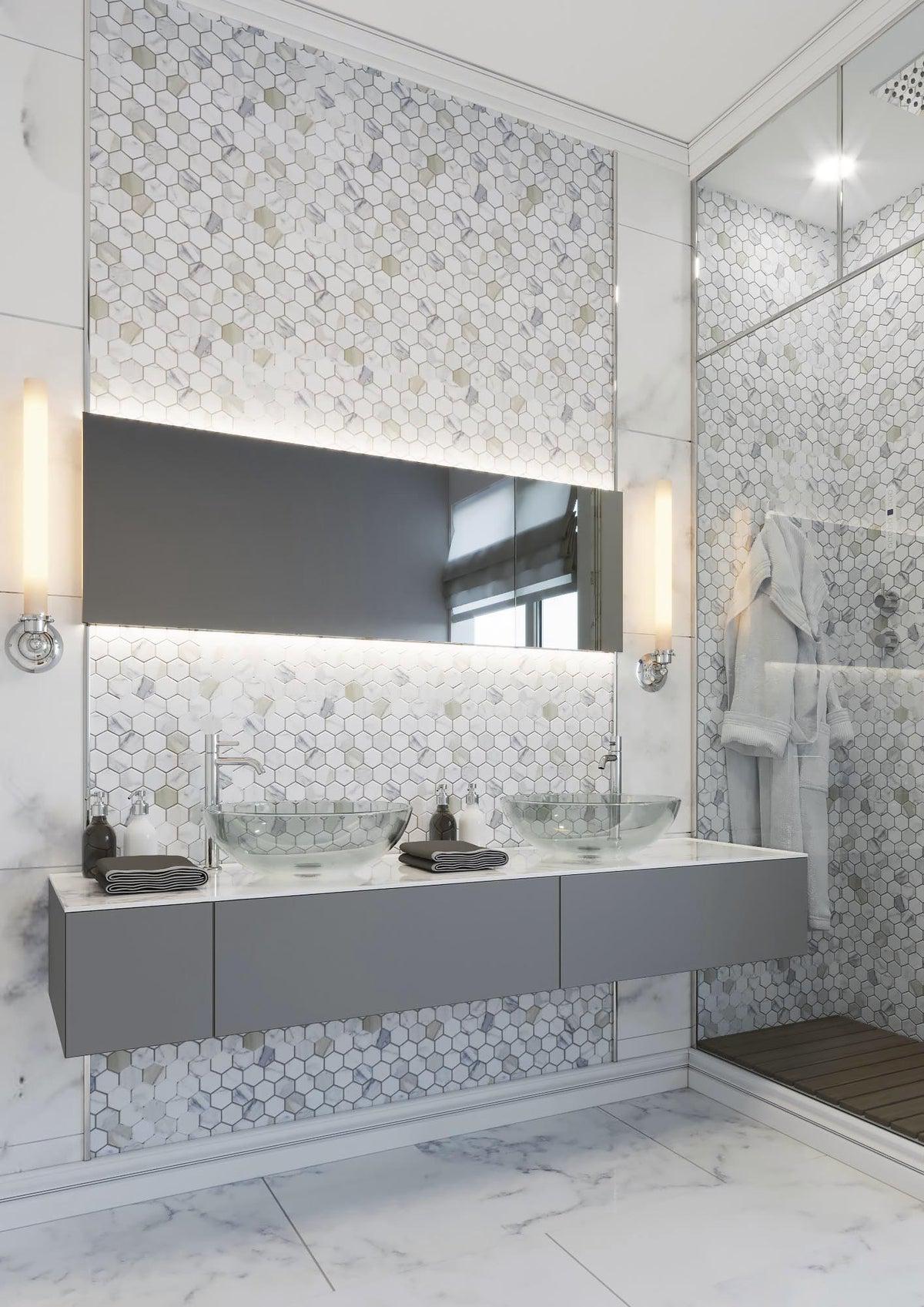 Modern geometric shapes meet timeless elegance with a Calacatta hex design for a stunning white marble bathroom! 