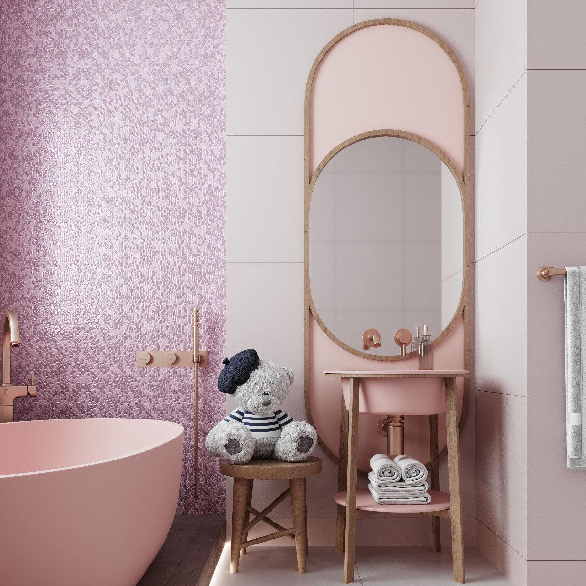 Kid-Friendly Bathroom with Rose Gold Accents with Diamond Mauve Rose Glass Pebble Mosaic Tile Bathtub Surround