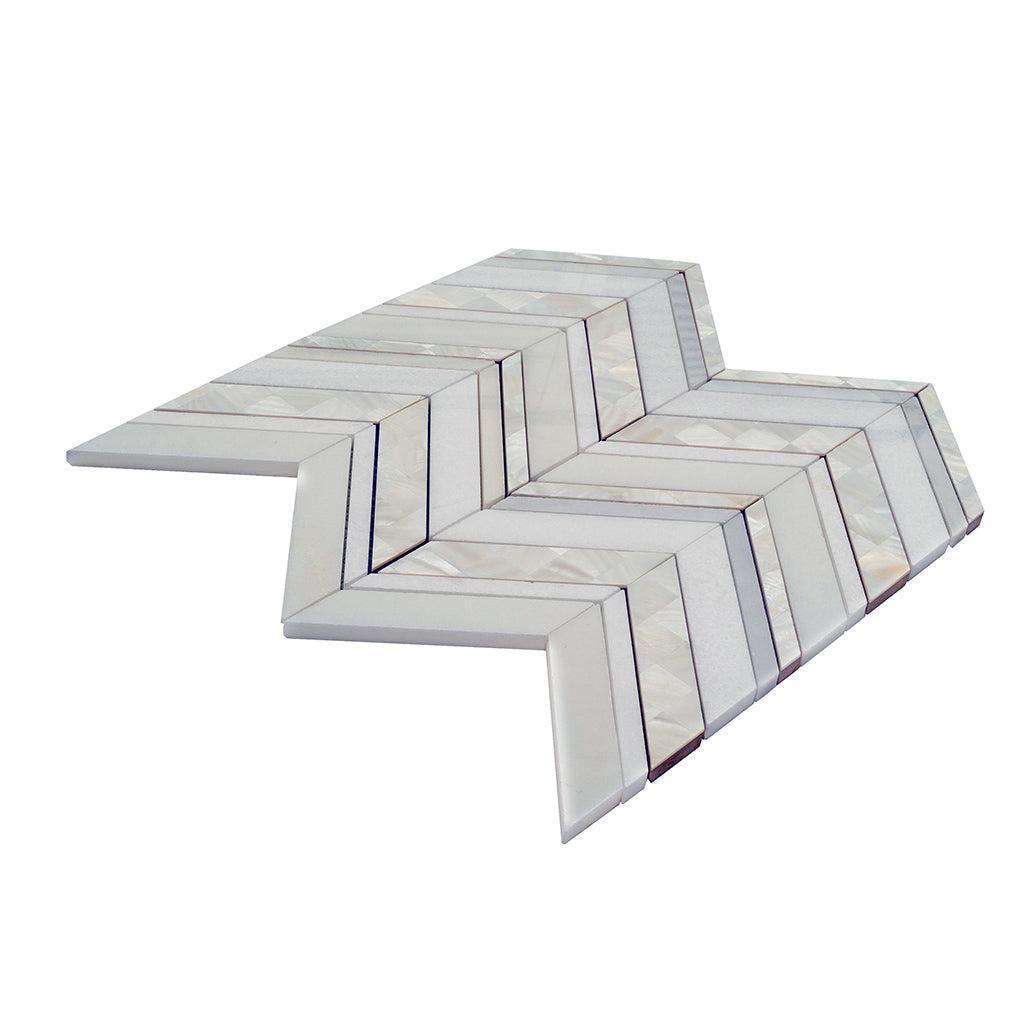 Herringbone Pearl White Thassos Marble and Shell Tile | Tile Club