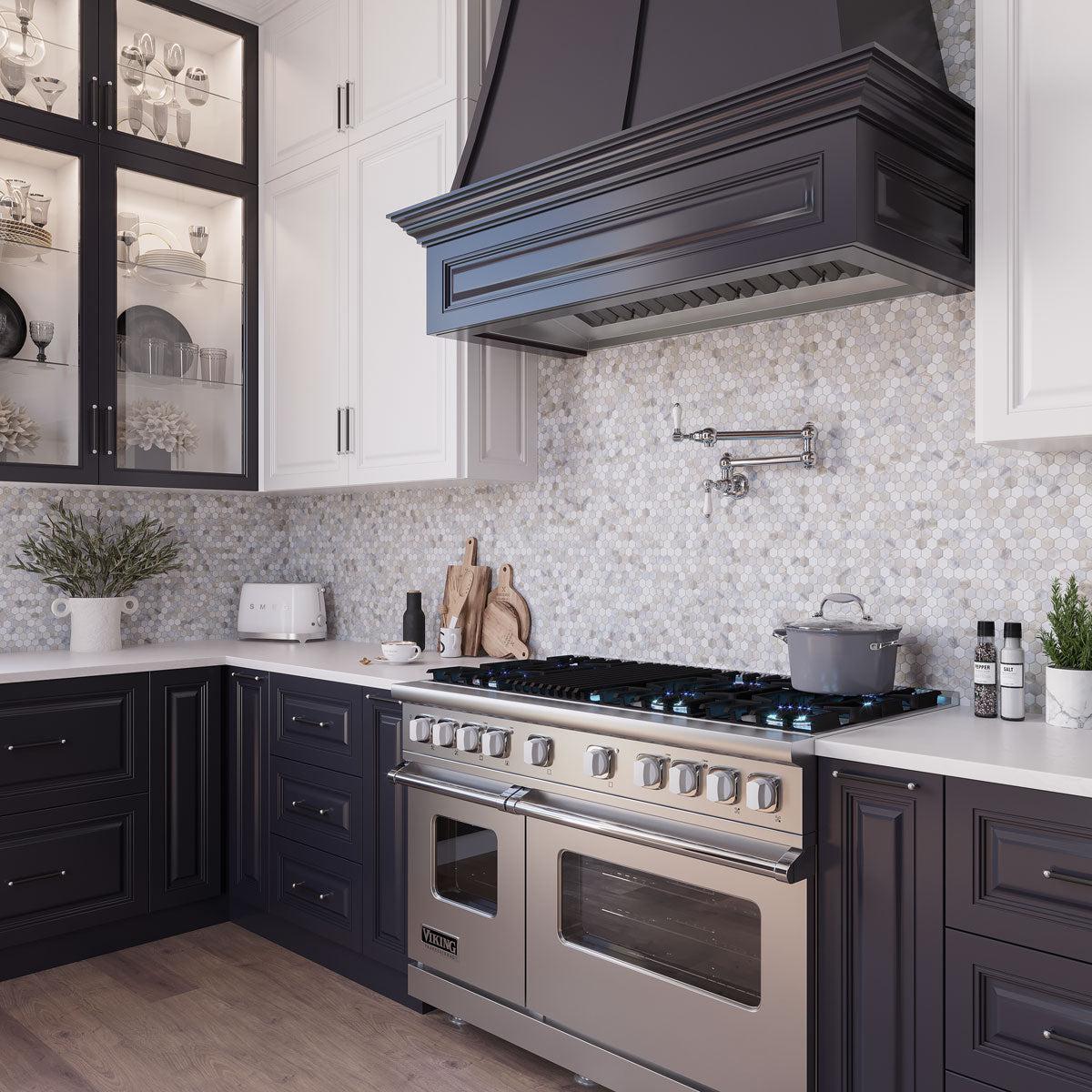 Traditional kitchen design with Calacatta Gold marble hexagon backsplash tiles under a custom range hood