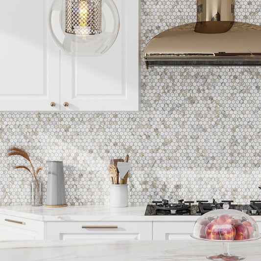 White marble hexagon kitchen backsplash tile