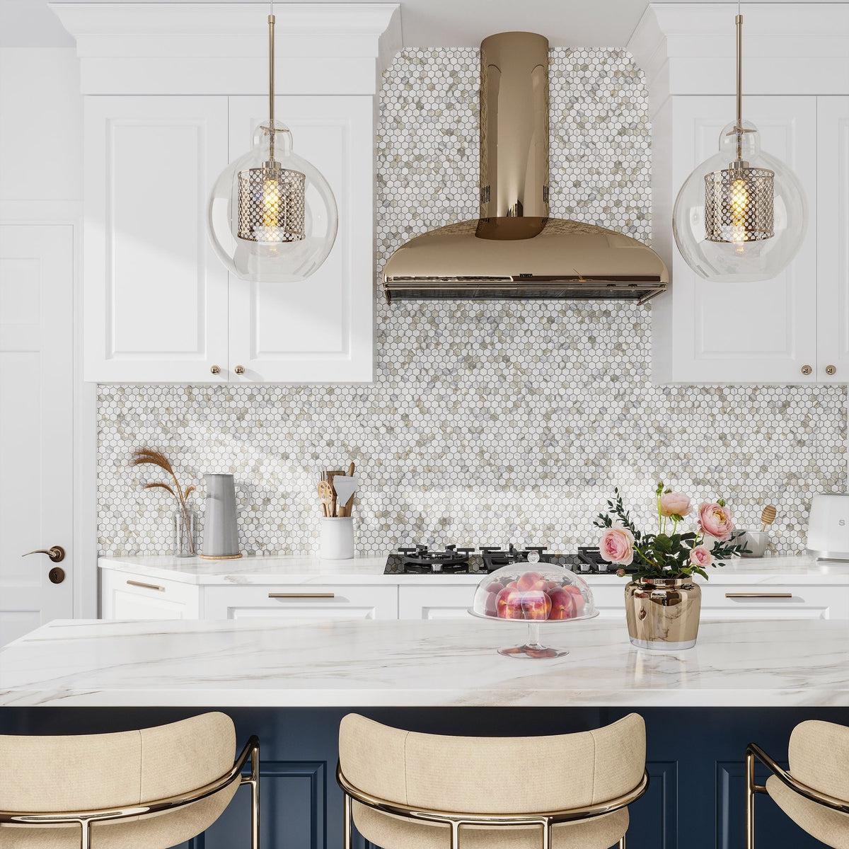 White modern kitchen with white marble backsplash tile