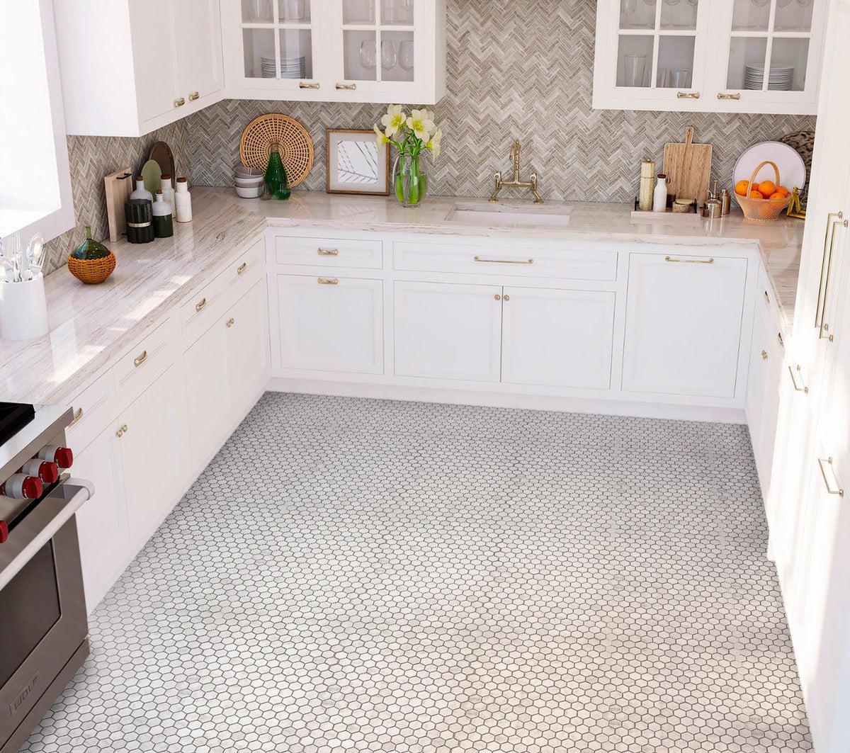 1 Inch White Carrara Hexagon Marble Mosaic Tile kitchen floor