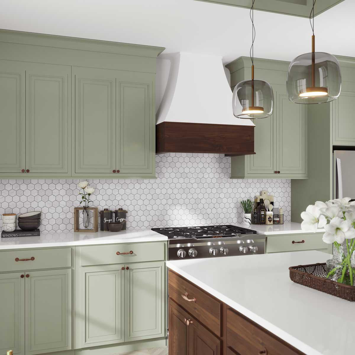 Green and natural wood kitchen design with Carrara marble hexagon tiles